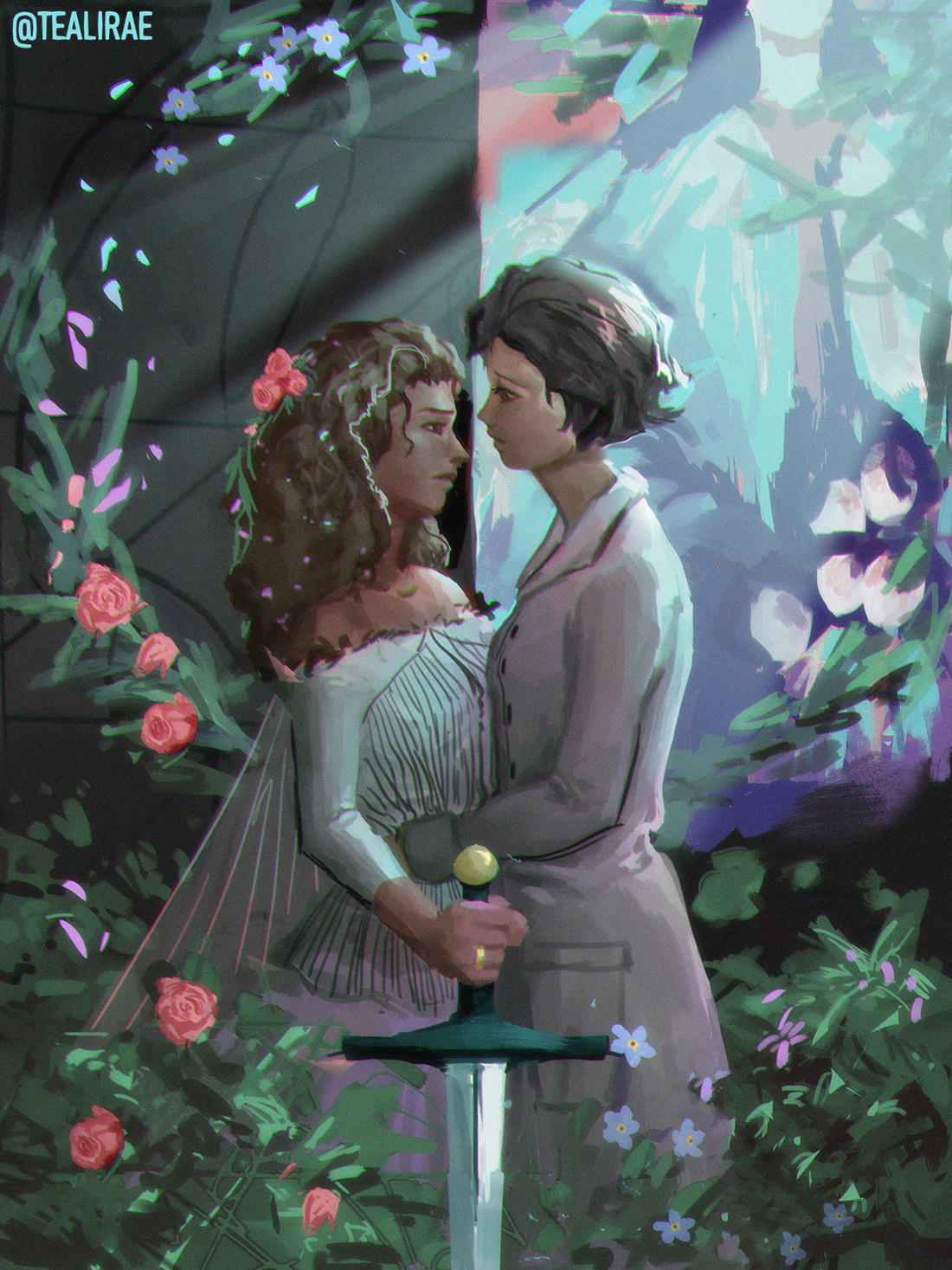 A sapphic couple longingly staring at each other.