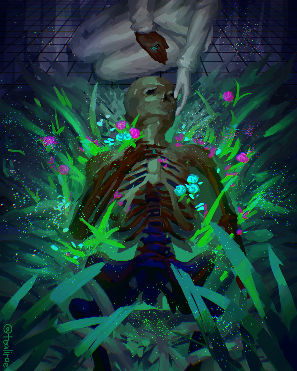 Skeleton lying on a lively patch of grass while a faceless person caresses it's cheeck/